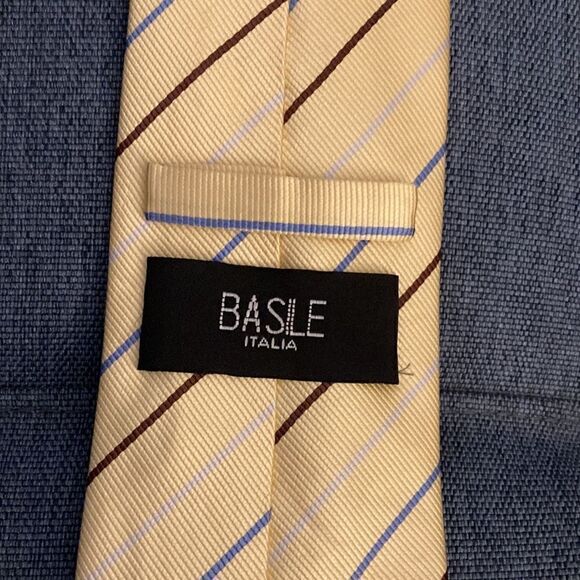 Basile Italia Printed Silk Tie in Yellow with Brown & Blue Diagonal Stripe. - Picture 2 of 4